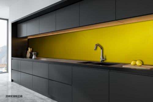 Panoramic,Black,And,Wooden,Kitchen,Interior,With,Dark,Gray,Countertops.